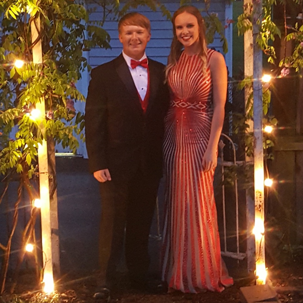 Jovani red & beige long formal gown